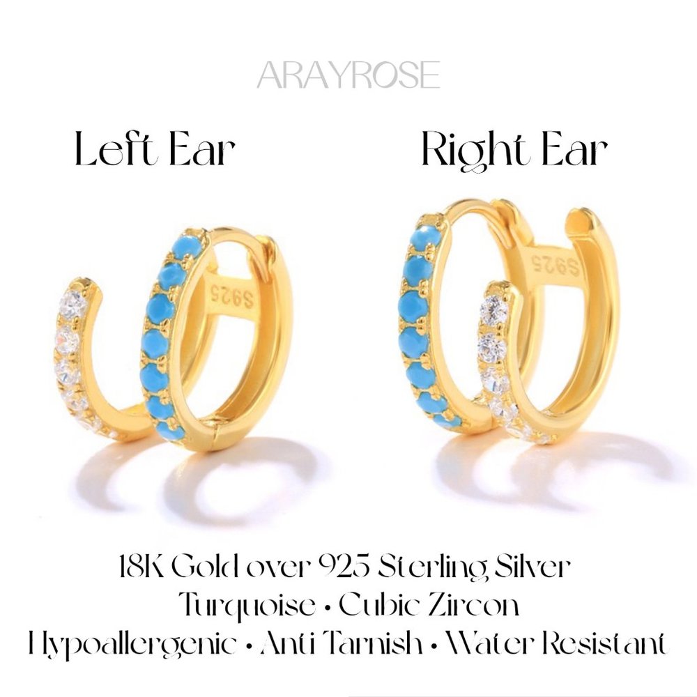 New Turquoise Double Hoop Earrings One Piercing, Fake Second Piercing Huggies - Picture 3 of 3